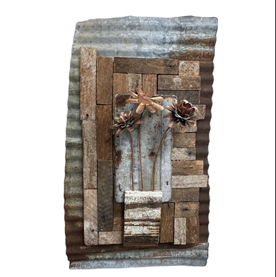 Triple in Plaster Slats/Tin derrell vaughn, copper on wood, objects and decor, pine slab and tin, 