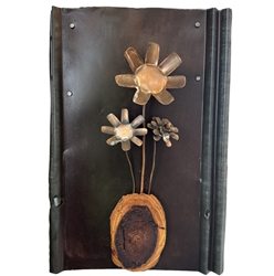 Triple on Pine Slab/Tin derrell vaughn, copper on wood, objects and decor, pine slab and tin, 