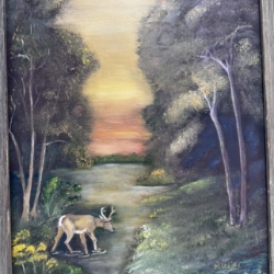 Twilight Drink Mary Croley, deer, outside, woods, river, sunset, alcohol, ink, painting 