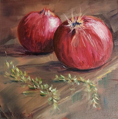 Two Red Onions - 6x6 rebecca brooks, becky brooks, two red onions, 2 red onion vegetable painting