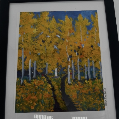 Two Roads Diverged Joan Barfield, Monroe county, painting, two roads, Robert Frost, The Road Less Travelled, Poetry