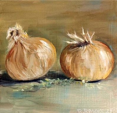 Two Yellow Onions rebecca brook, becky brook, two yellow onions, painting