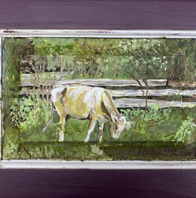 Watering Hole andrea windham guy, cow, watering hole, acrylic, painting on cabinet door, purple, 