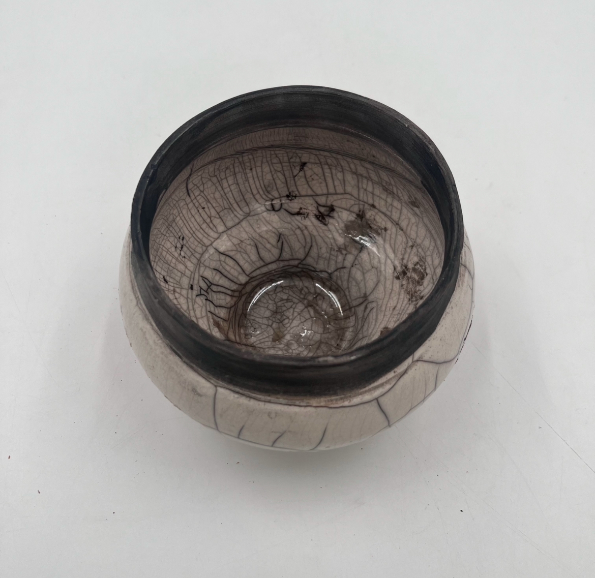 White Crackle Raku Bowl Jo taylor, white crackle raku bowl, pottery, clay, ceramic, white and grey, gray