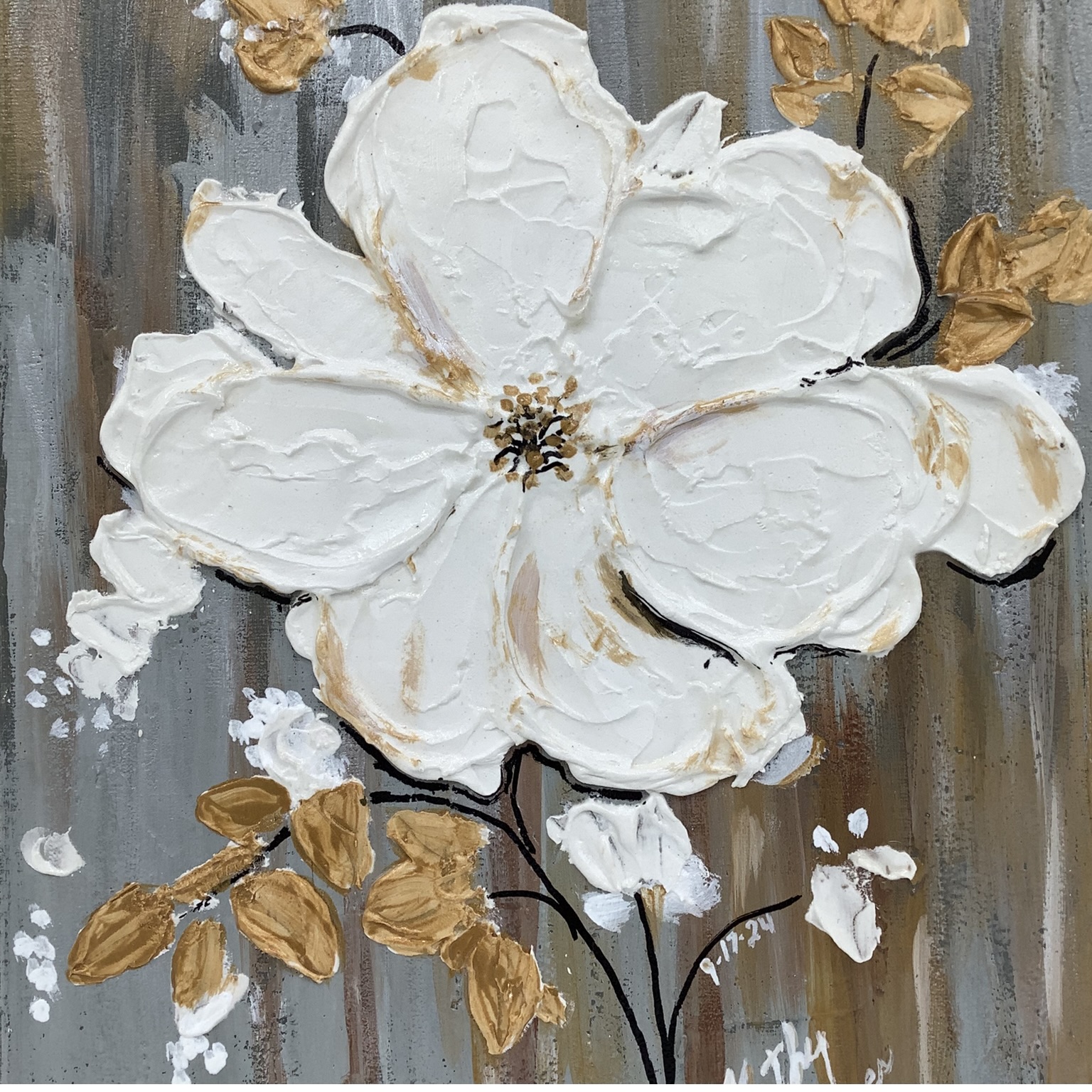 White Flower  kathy, kathy jones, jones,  painting, painting, white, white flower, textured, gold, accents 